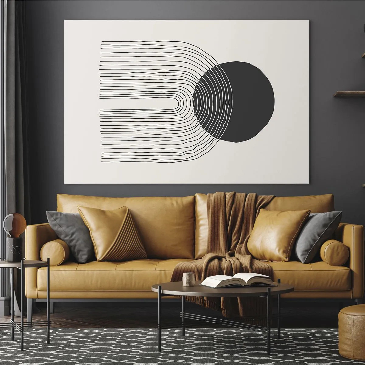 Billede på glas - Minimalistisk grafik med sort cirkel og linjer - 70x50cm - Rystende og selvsikker - Moderne vægdekoration til stue og soveværelse ARTTOR