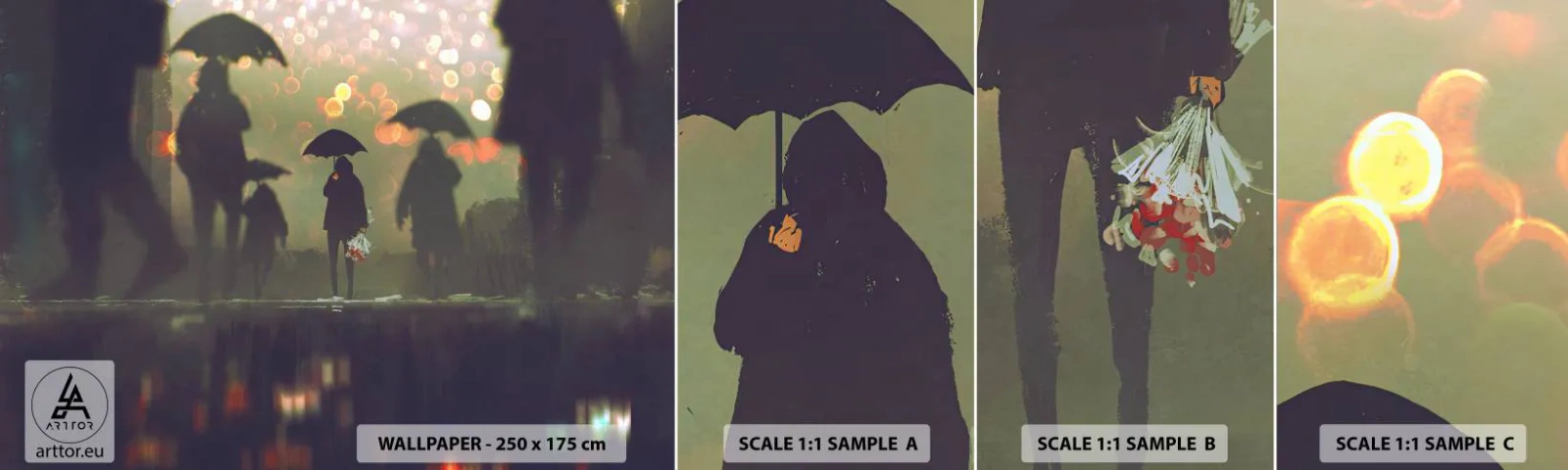 Prøve Fototapet Selvklæbende Deluxe Sticker - Set fra en regndråbes perspektiv - Gå i regnen, Mennesker, Grafik - 100x30 cm