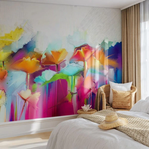 Fototapet Selvklæbende Deluxe Sticker - Regnbuen i blomstring - Abstraktion, Blomster, Stykke - 300x210 cm