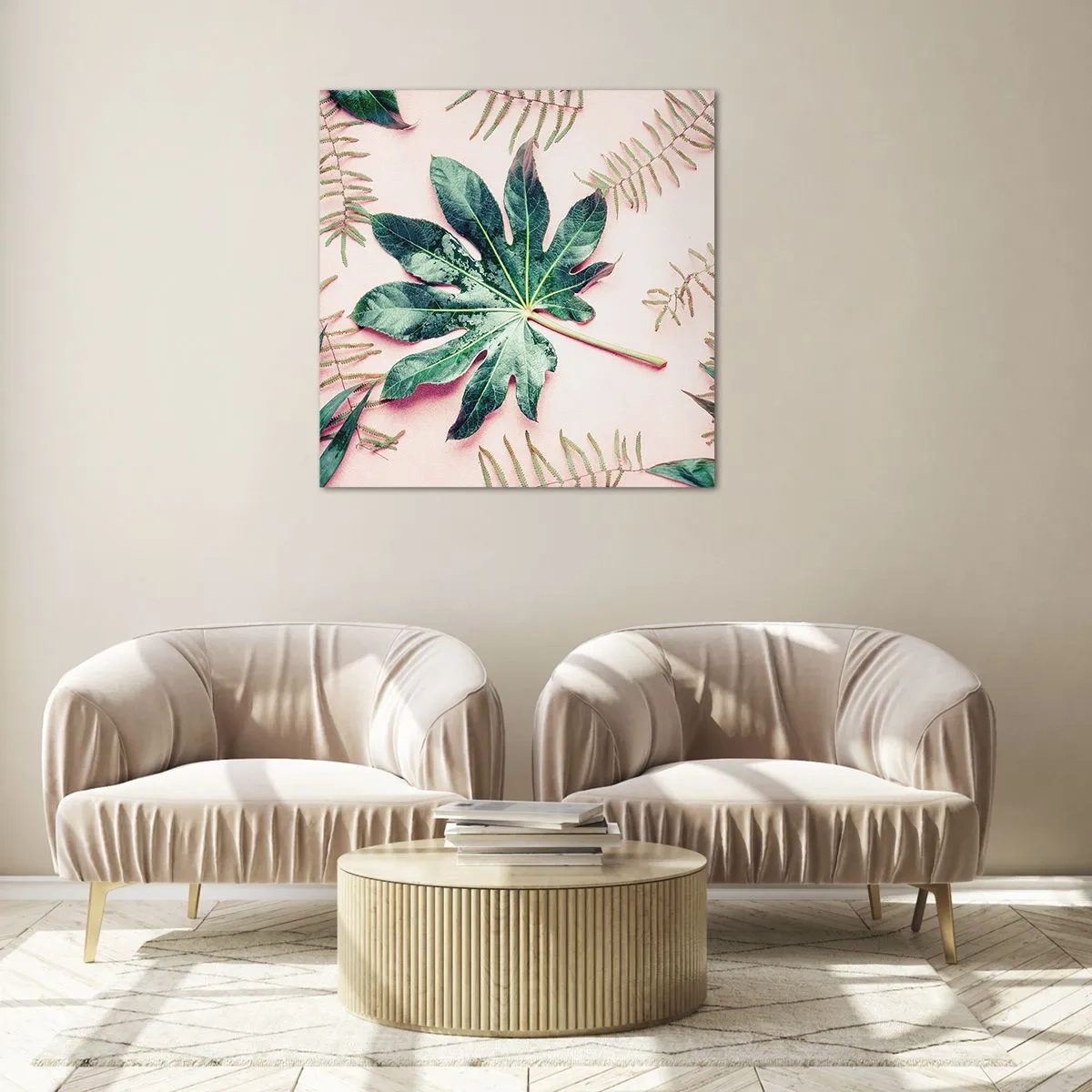 Billede på glas - En undersøgelse af grønt på en lyserød baggrund - 50x50 cm