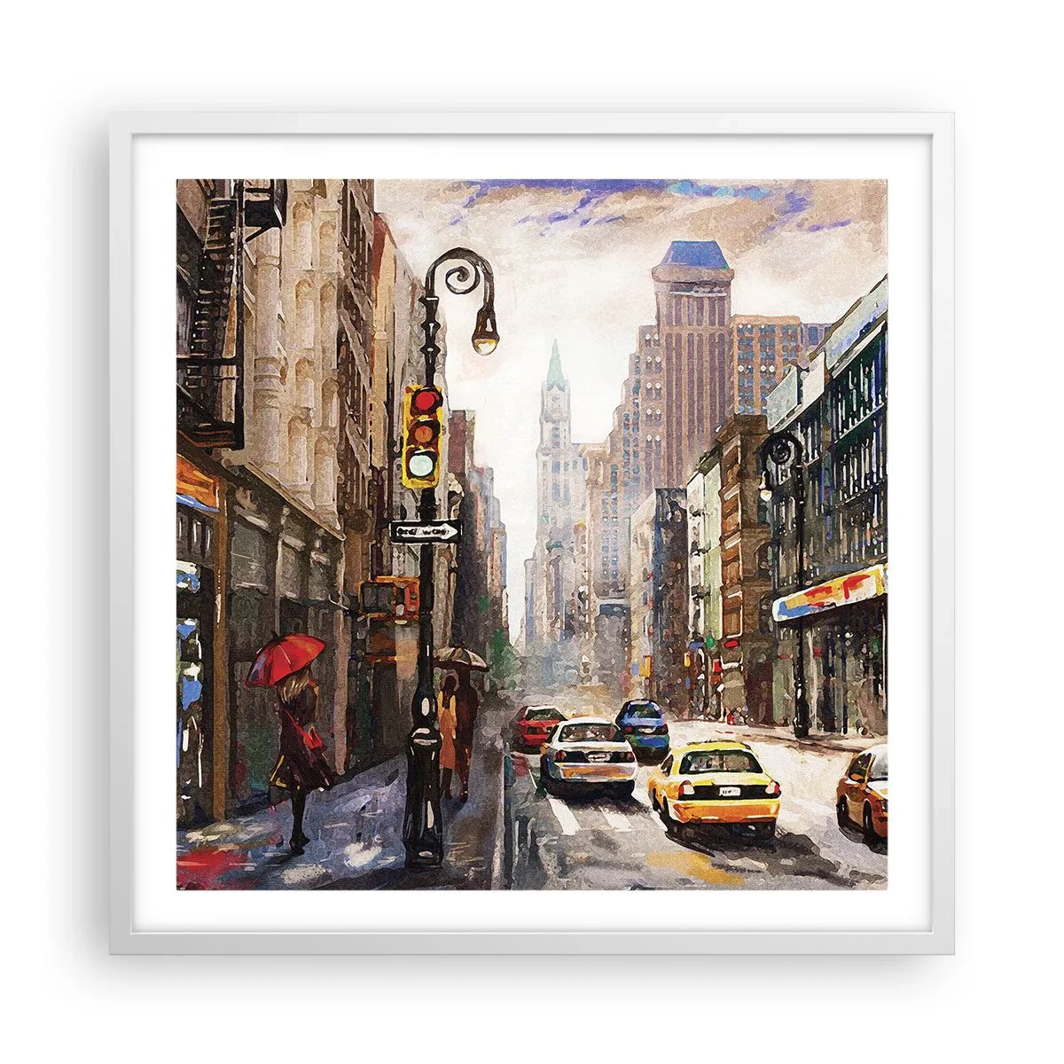 Plakat i hvid ramme - New York - også farverig i regnvejr - 60x60 cm