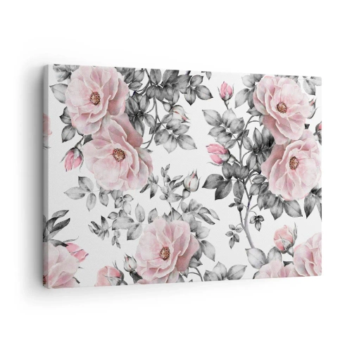 Lærredstryk - Billede på lærred - Lyserøde roser og blade på en delikat sort og hvid baggrund - 70x50cm - Forsvind i rosenblomsterne - Moderne vægdekoration til stue og soveværelse ARTTOR