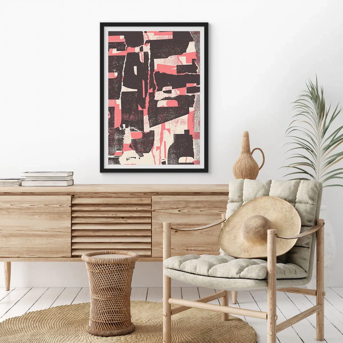 Plakat i sort ramme - Dynamisk abstraktion i nuancer af rød og sort - 50x70cm - Al trængsel og travlhed - Moderne vægdekoration til stue og soveværelse ARTTOR