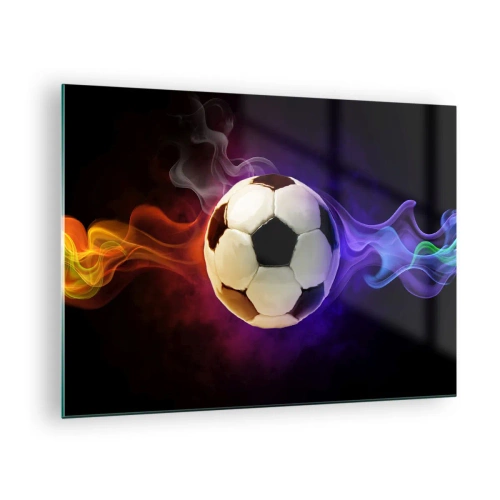 Billede på glas - En fodbold omgivet af farverige striber - 70x50cm - Spillets magiske kraft - Moderne vægdekoration til stue og soveværelse ARTTOR