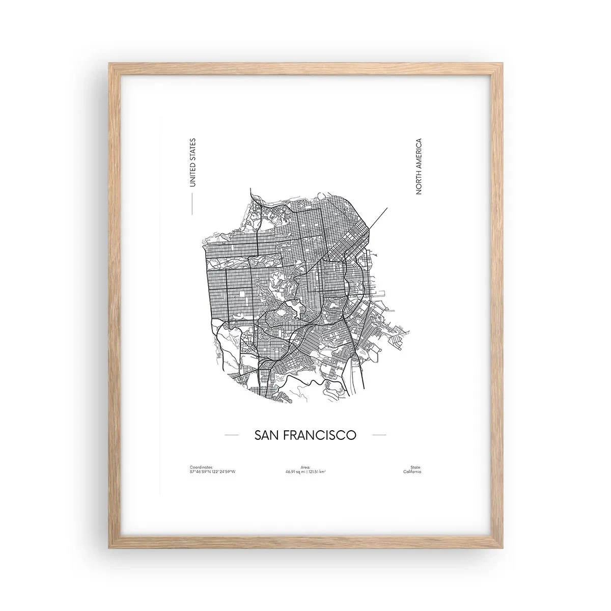 Plakat i ramme af lyst egetræ - San Franciscos anatomi - 40x50 cm