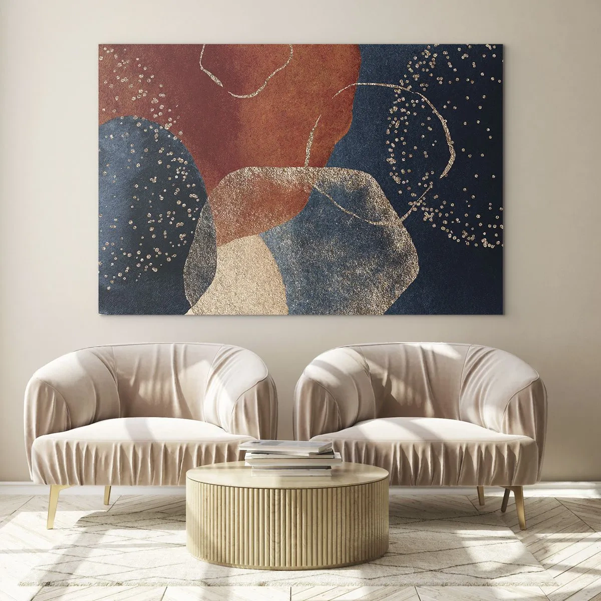 Billede på glas - Abstrakte former i nuancer af marineblå og kobber - 70x50cm - Lethed i tilværelsen - Moderne vægdekoration til stue og soveværelse ARTTOR