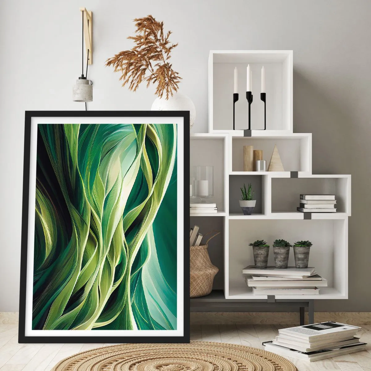 Plakat i sort ramme - Et abstrakt spil med grønt - 61x91 cm