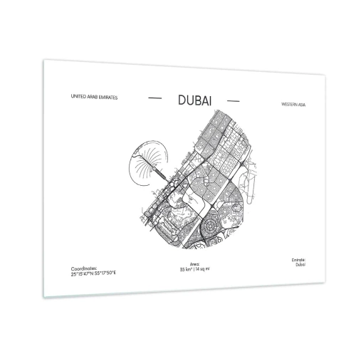 Billede på glas - Et minimalistisk kort over Dubai i sort-hvid stil. - 70x50cm - Dubais anatomi - Moderne vægdekoration til stue og soveværelse ARTTOR