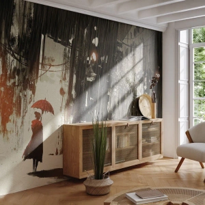 Fototapet Selvklæbende Deluxe Sticker - Den røde paraplys poesi - By, Kvinde, Arkitektur - 350x256 cm