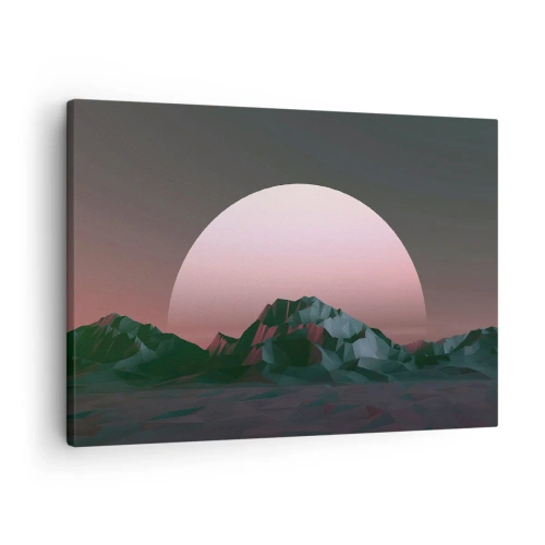 Lærredstryk - Billede på lærred - Geometriske bjerge med den nedgående sol i baggrunden - 70x50cm - I en nabogalakse - Moderne vægdekoration til stue og soveværelse ARTTOR
