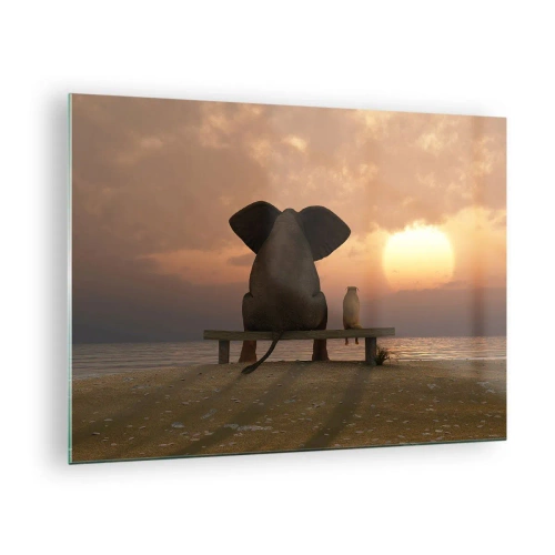 Billede på glas - Elefant og hund på en bænk ved solnedgang - 70x50cm - Det er godt at være stille sammen - Moderne vægdekoration til stue og soveværelse ARTTOR