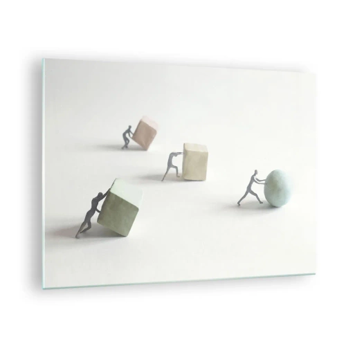 Billede på glas - Miniaturefigurer ruller og skubber geometriske former. - 70x50cm - Selve livet - Moderne vægdekoration til stue og soveværelse ARTTOR