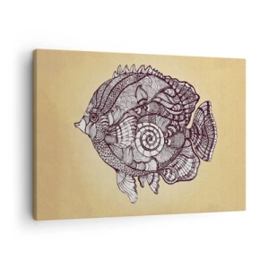 Lærredstryk - Billede på lærred - Dekorativ fisk i tegnestil med mønstre - 70x50cm - Fra et hav af ornamenter - Moderne vægdekoration til stue og soveværelse ARTTOR