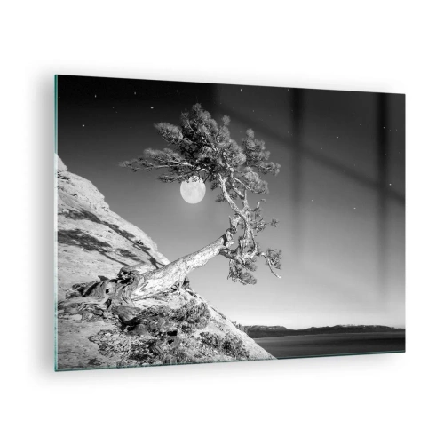 Billede på glas - Et skævt træ på en bjergskråning med månen i baggrunden - 70x50cm - Den sejrrige kriger - Moderne vægdekoration til stue og soveværelse ARTTOR