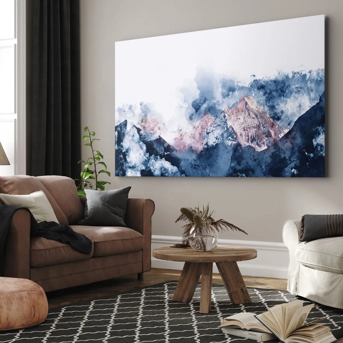 Lærredstryk - Billede på lærred - Akvarelbjerge i pastelfarver på en hvid baggrund - 70x50cm - Dette er toppene! - Moderne vægdekoration til stue og soveværelse ARTTOR