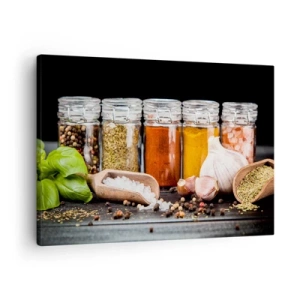 Lærredstryk - Billede på lærred - Krydderurter og krydderier i glas på en mørk baggrund - 70x50cm - For at livet kan smages - Moderne vægdekoration til stue og soveværelse ARTTOR