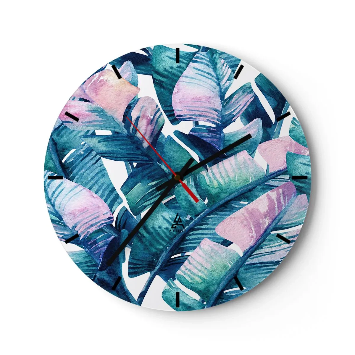 Vægur, Uret - Tropiske blade i nuancer af grønt og lyserødt - 30x30cm - I en bananlund - Moderne vægdekoration til stue, køkken og soveværelse ARTTOR
