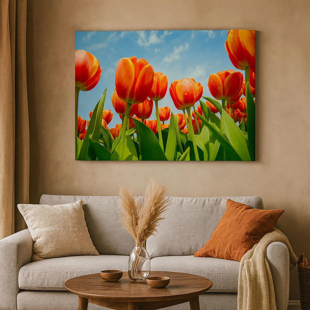 Lærredstryk - Billede på lærred - Et felt af røde og orange tulipaner mod en blå himmel - 70x50cm - Bortset fra den blå himmel behøver de intet i livet - Moderne vægdekoration til stue og soveværelse ARTTOR