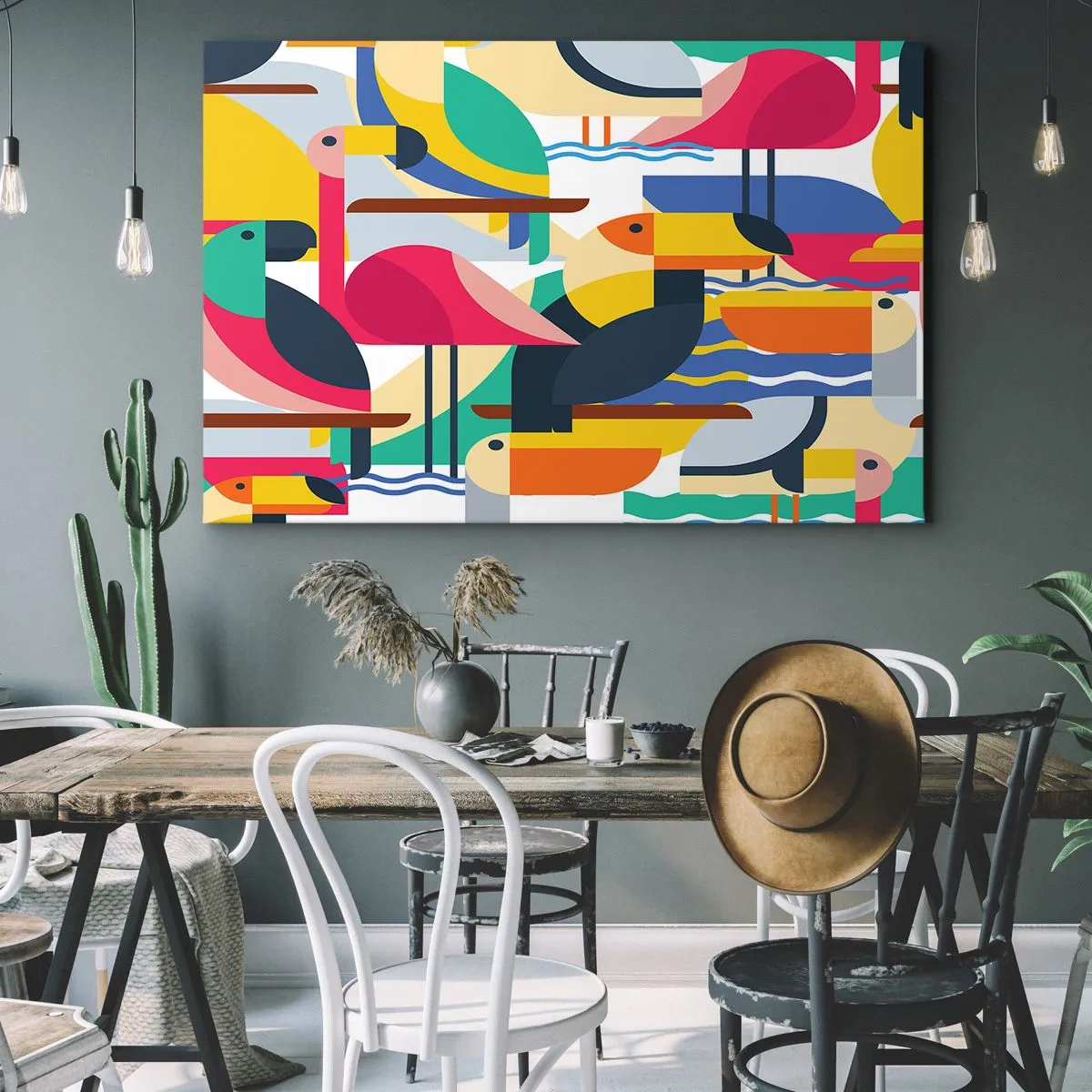 Lærredstryk - Billede på lærred - Farverige fugle i en abstrakt, geometrisk komposition - 70x50cm - Fuglefest - Moderne vægdekoration til stue og soveværelse ARTTOR