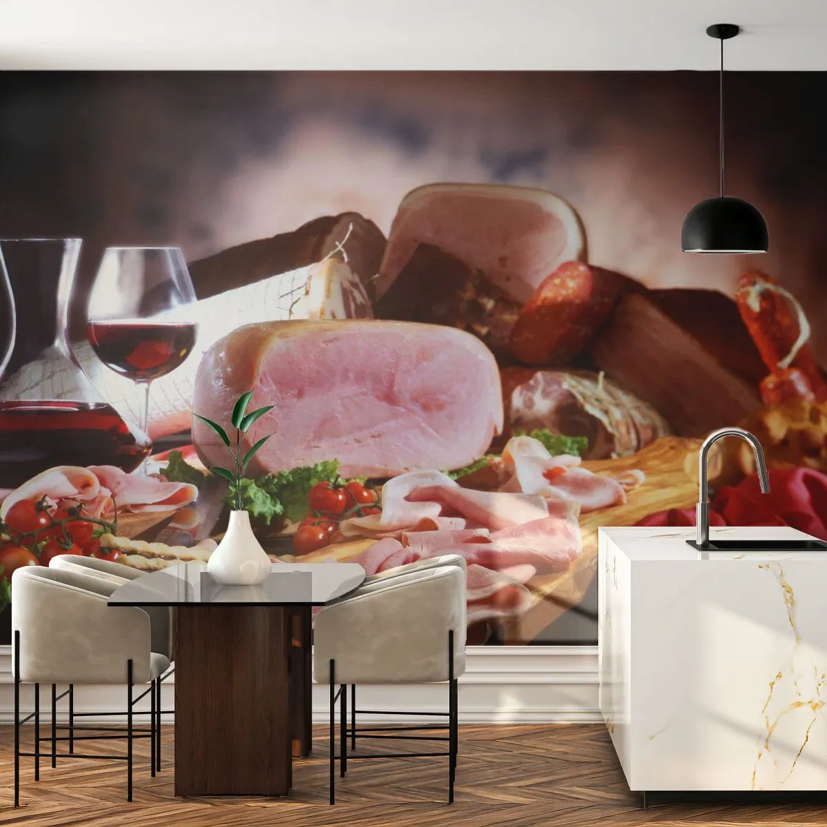 Fototapet Premium Sand - En kulinarisk drøm med en karaffel - Gastronomi, Kød, Tomater - 100x70 cm