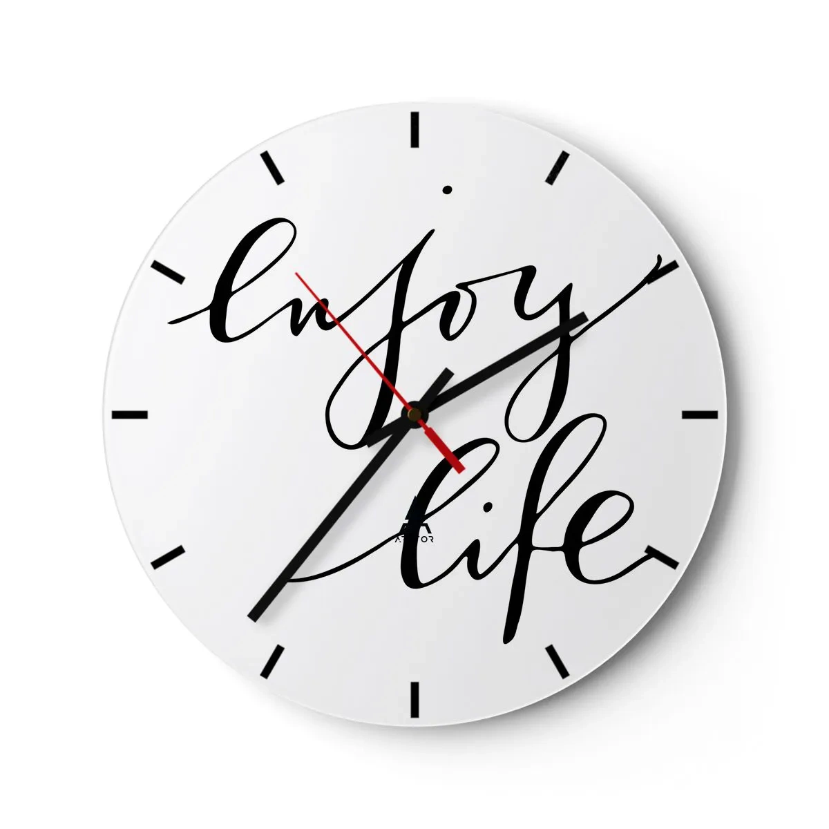 Vægur, Uret - Et hvidt ur med den sorte indskrift "Nyd livet" på en minimalistisk baggrund. - 30x30cm - Intet at tilføje… - Moderne vægdekoration til stue, køkken og soveværelse ARTTOR