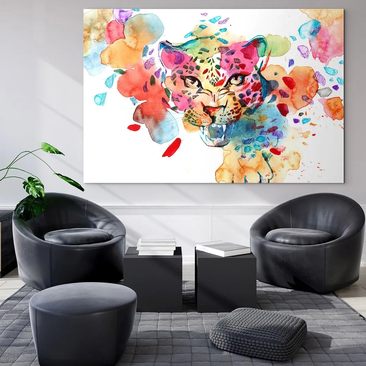 Billede på glas - Farverigt akvarelportræt af en leopard - 70x50cm - Skønheden og udyret - Moderne vægdekoration til stue og soveværelse ARTTOR