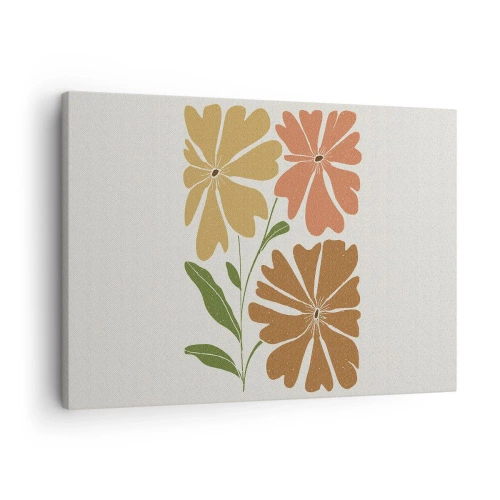 Lærredstryk - Billede på lærred - Tre blomster i varme farver på en lys baggrund - 70x50cm - Natur og geometri - Moderne vægdekoration til stue og soveværelse ARTTOR