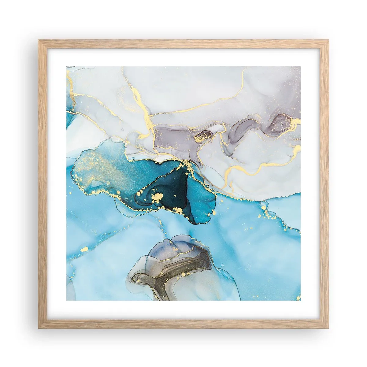 Plakat i ramme af lyst egetræ - En undersøgelse af mødet mellem grå og turkis - 50x50 cm