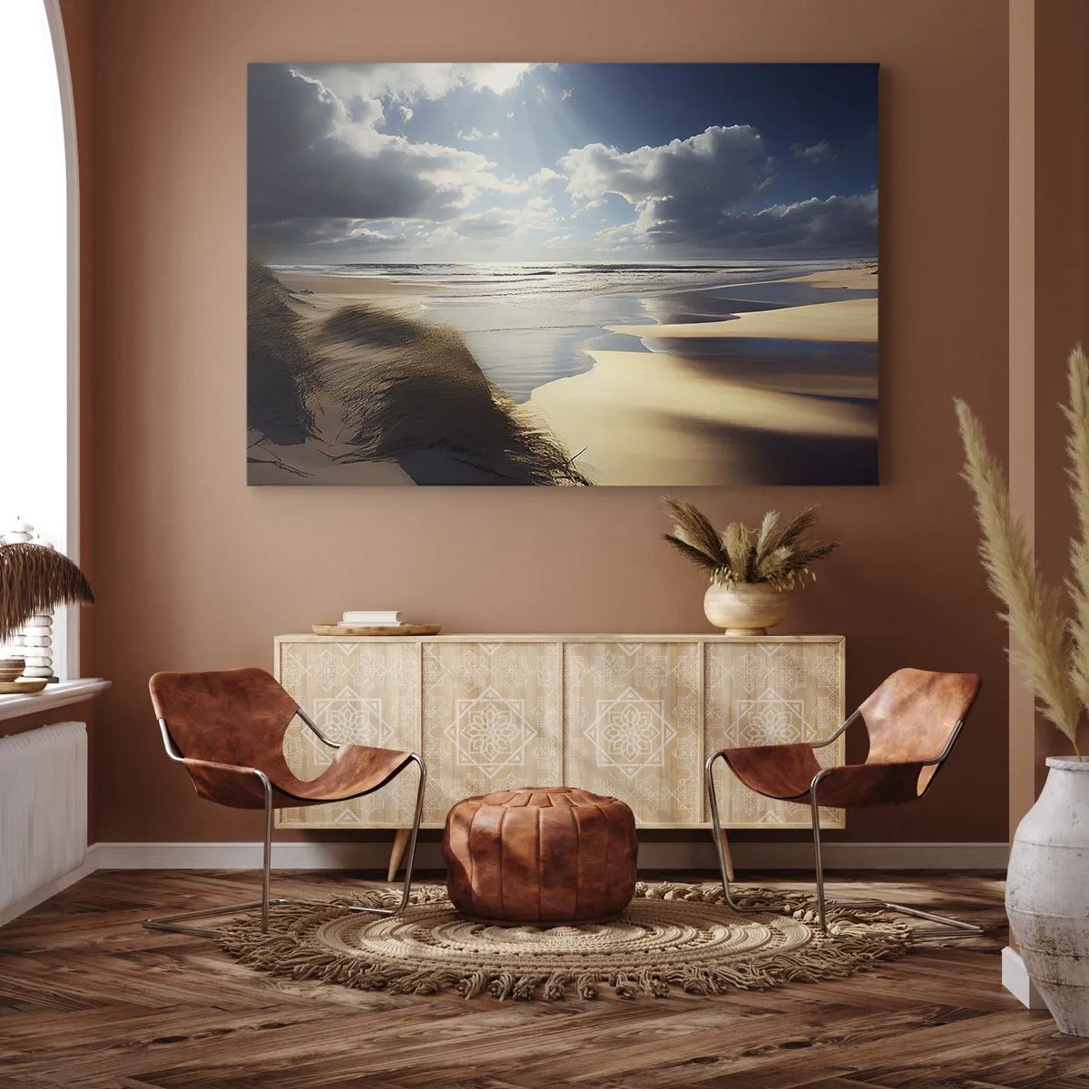 Lærredstryk - Billede på lærred - En vild strand med klitter og blå himmel - 70x50cm - Strand, vild strand - Moderne vægdekoration til stue og soveværelse ARTTOR