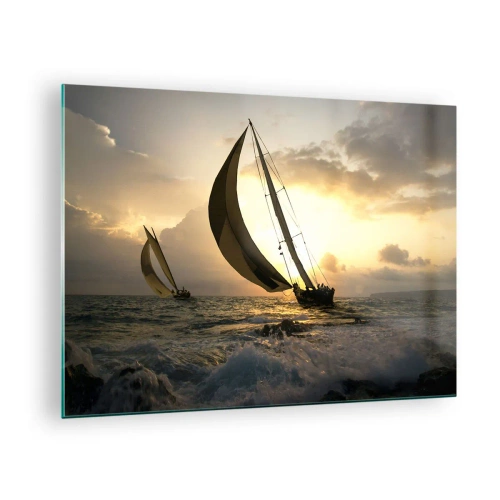 Billede på glas - Sejlbåde i et stormfuldt hav under solnedgang - 70x50cm - I medvind og modvind - Moderne vægdekoration til stue og soveværelse ARTTOR