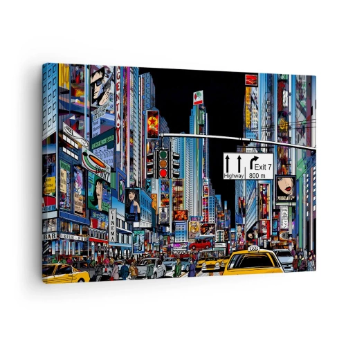 Lærredstryk - Billede på lærred - En travl by med farverige reklamer og gule taxaer - 70x50cm - En komisk stor aften - Moderne vægdekoration til stue og soveværelse ARTTOR