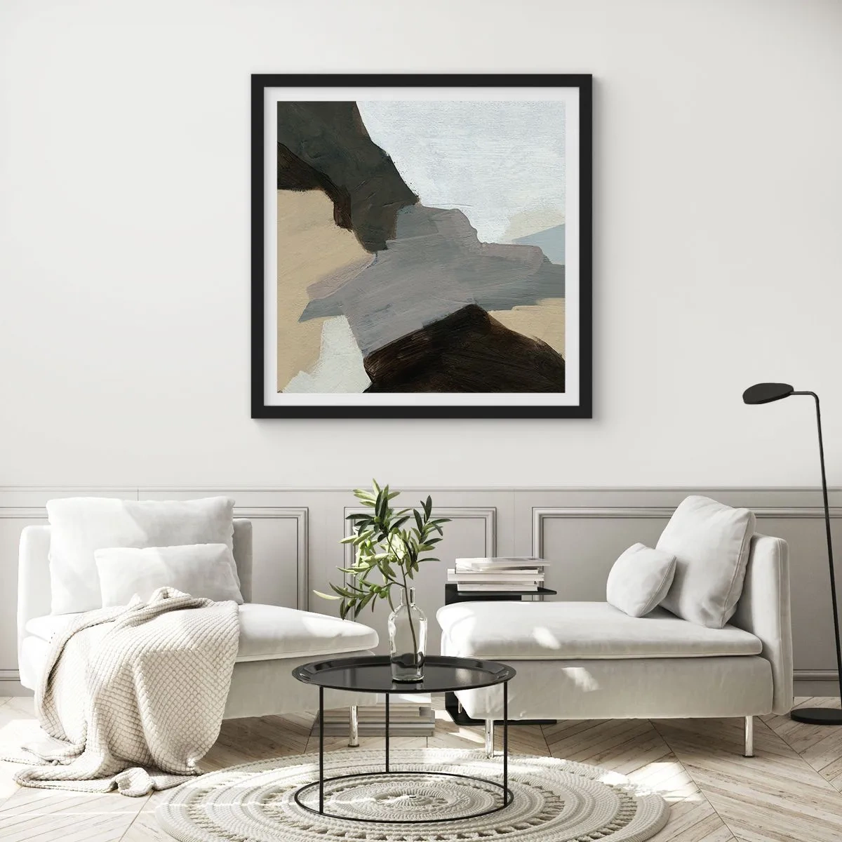 Plakat i sort ramme - Abstraktion: afsked med det grå - 40x40 cm