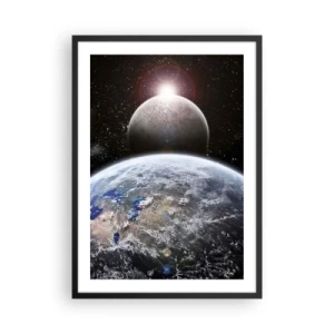 Plakat i sort ramme - Planeterne Jorden og Månen i rummet - 50x70cm - Kosmisk landskab - solopgang - Moderne vægdekoration til stue og soveværelse ARTTOR