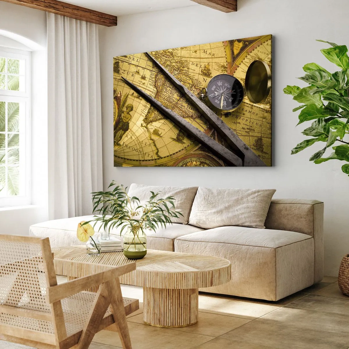 Lærredstryk - Billede på lærred - Et antikt verdenskort med et kompas og et par passere i baggrunden - 70x50cm - Hvor er skattene? - Moderne vægdekoration til stue og soveværelse ARTTOR