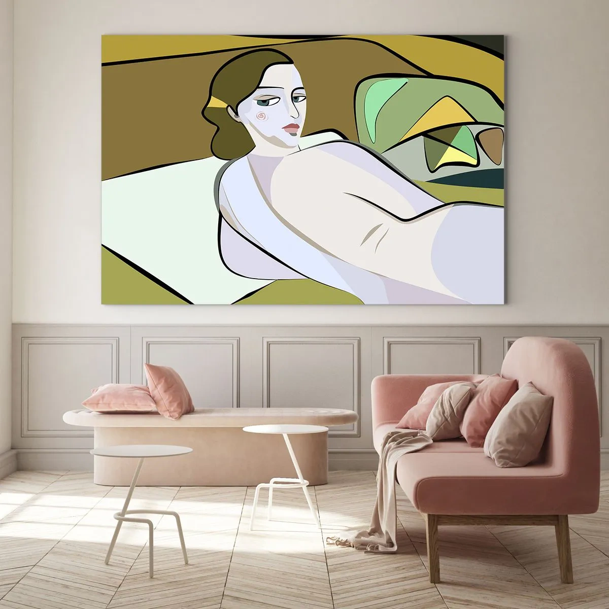 Billede på glas - Kvindelig silhuet i abstrakt stil med geometrisk baggrund - 70x50cm - Intimt portræt - Moderne vægdekoration til stue og soveværelse ARTTOR