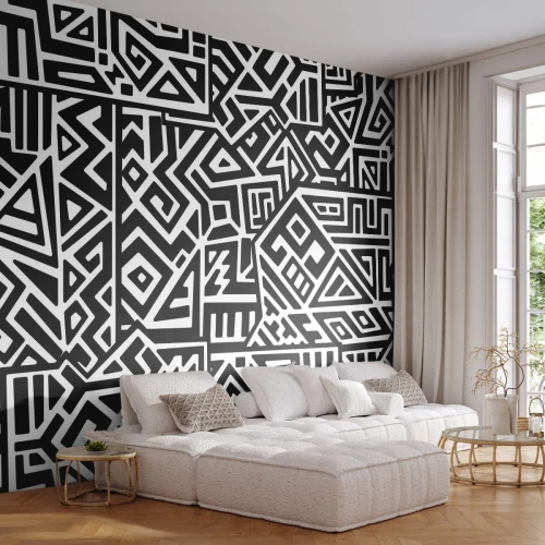 Fototapet Premium Sand - Præcolumbiansk sammensætning - Abstraktion, Stykke, Sort og hvid - 100x70 cm
