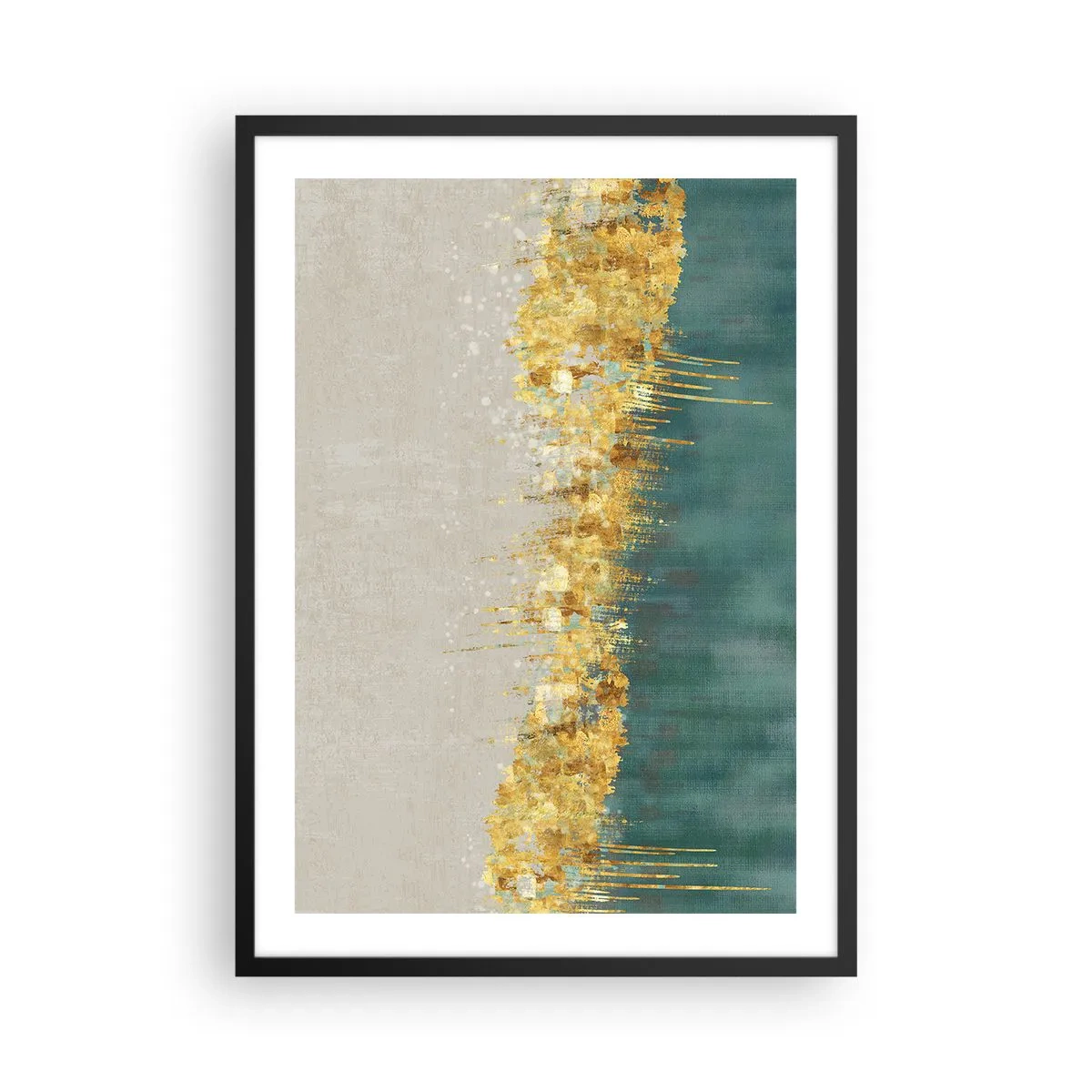 Plakat i sort ramme - En abstrakt komposition af guld, beige og grøn - 50x70cm - Den gyldne grænse - Moderne vægdekoration til stue og soveværelse ARTTOR