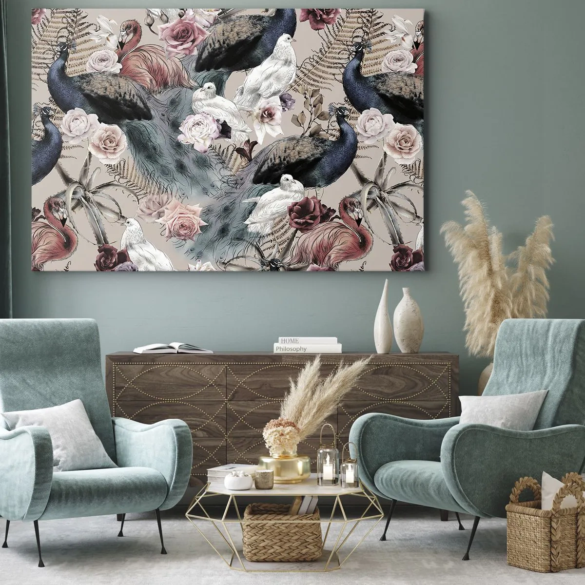 Lærredstryk - Billede på lærred - Et landskab med påfuglefjer, roser og fugle i romantisk stil. - 70x50cm - I paladsets have - Moderne vægdekoration til stue og soveværelse ARTTOR