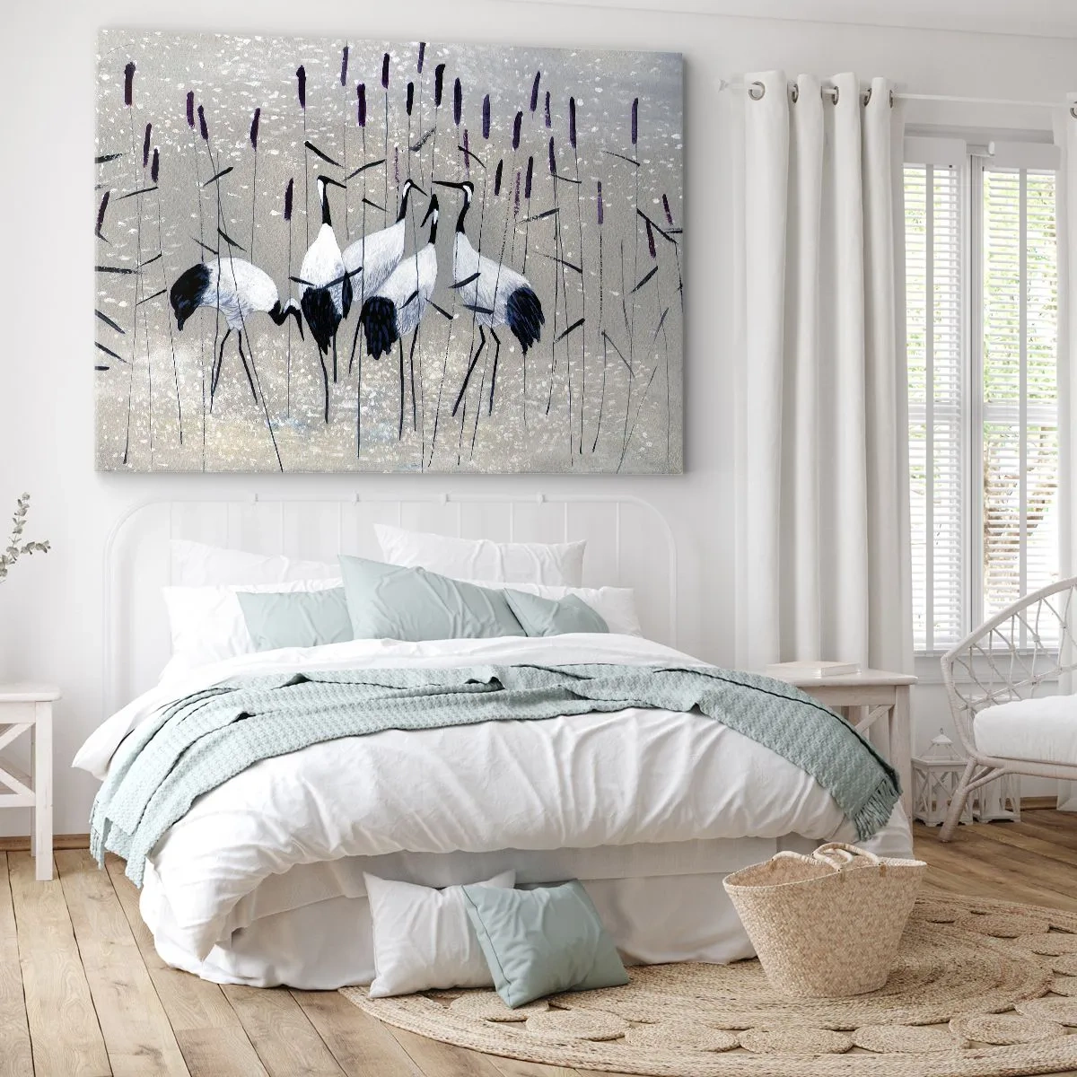 Lærredstryk - Billede på lærred - Hejrer i græsset mod en fredelig baggrund - 70x50cm - Blandt sine egne - Moderne vægdekoration til stue og soveværelse ARTTOR