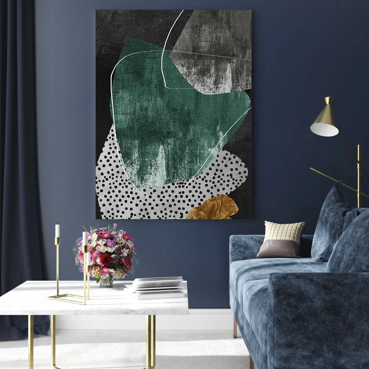 Billede på glas - Farverig abstraktion med en guldflager - 80x120 cm