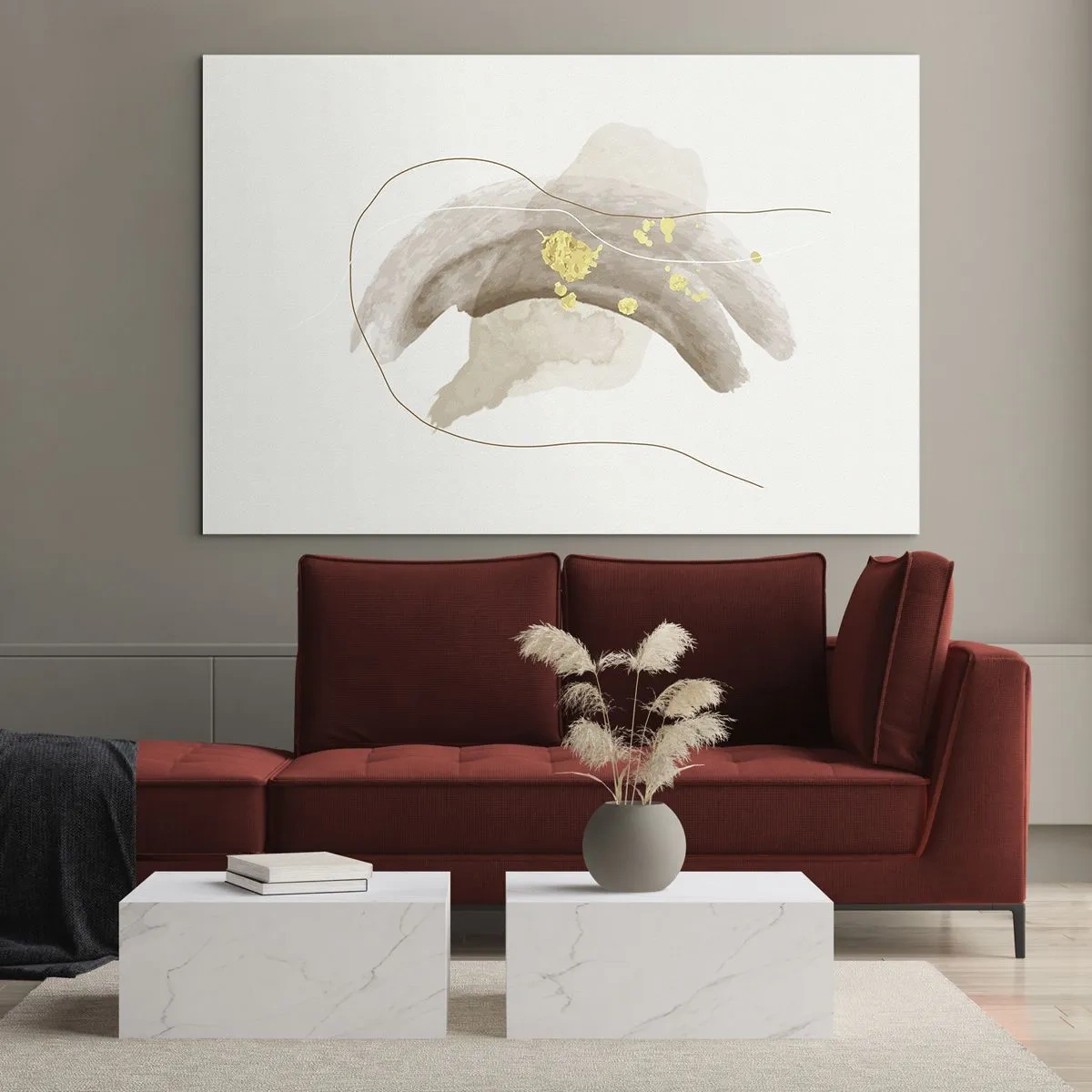 Billede på glas - Beige og guld abstraktion med fine linjer og former - 70x50cm - Mødt i rummet - Moderne vægdekoration til stue og soveværelse ARTTOR