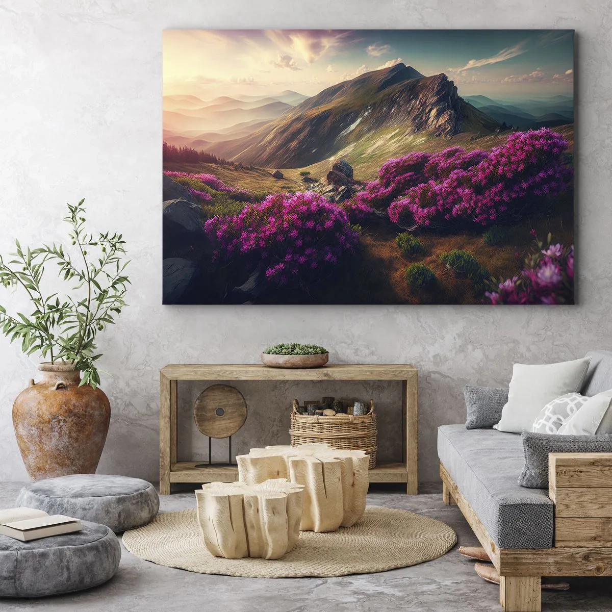 Lærredstryk - Billede på lærred - Bjerglandskab med blomstrende rhododendroner - 70x50cm - Sommer i bjergene - Moderne vægdekoration til stue og soveværelse ARTTOR