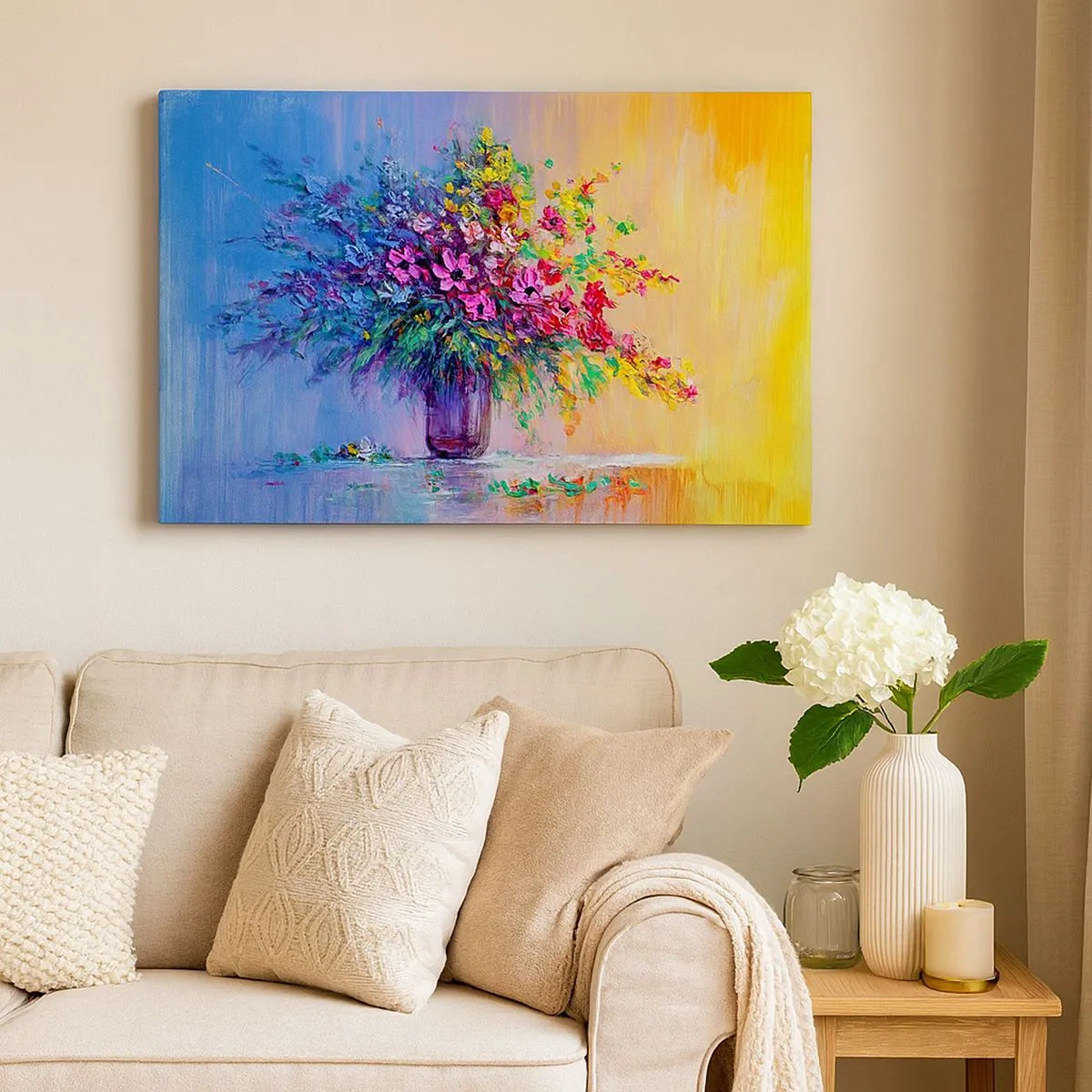 Lærredstryk - Billede på lærred - En farverig buket blomster i en vase mod en gradient baggrund - 70x50cm - Gave fra en sommereng - Moderne vægdekoration til stue og soveværelse ARTTOR