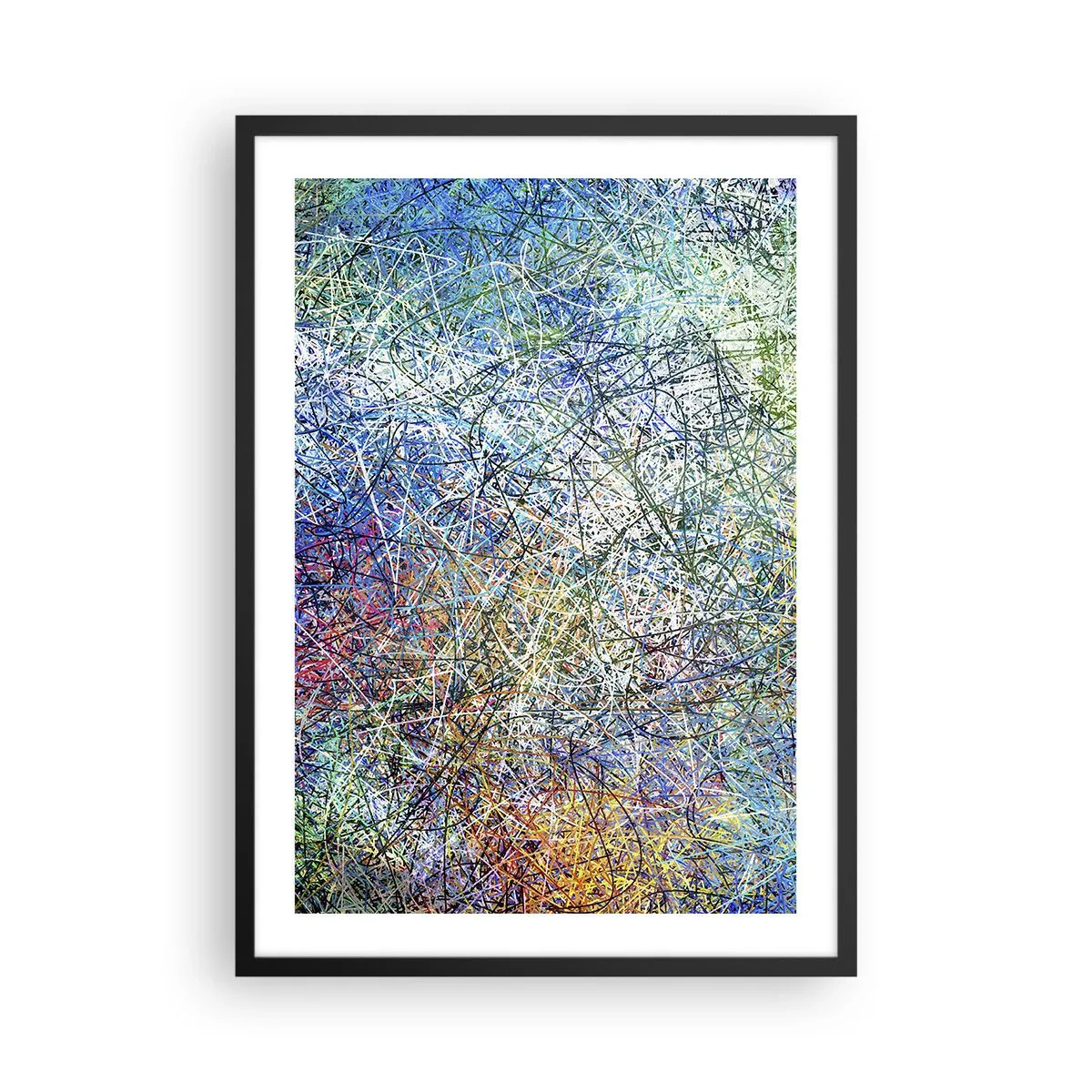 Plakat i sort ramme - Farverig abstraktion med dynamiske linjer og blå nuancer - 50x70cm - Så enkelt er det ikke - Moderne vægdekoration til stue og soveværelse ARTTOR