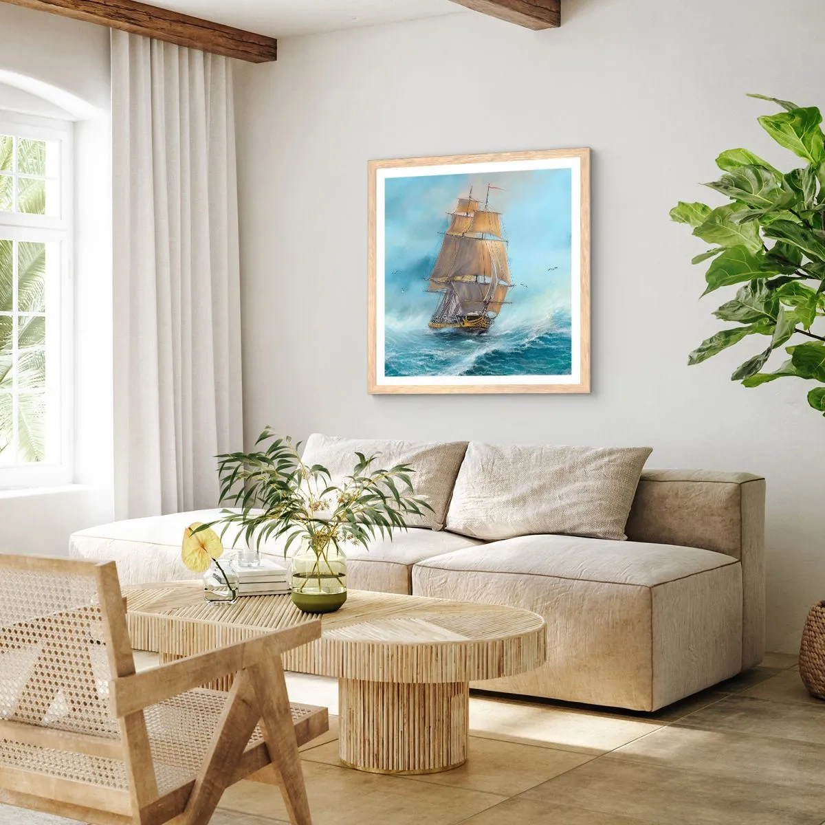 Plakat i ramme af lyst egetræ - Bølgende gennem bølgerne - 40x40 cm