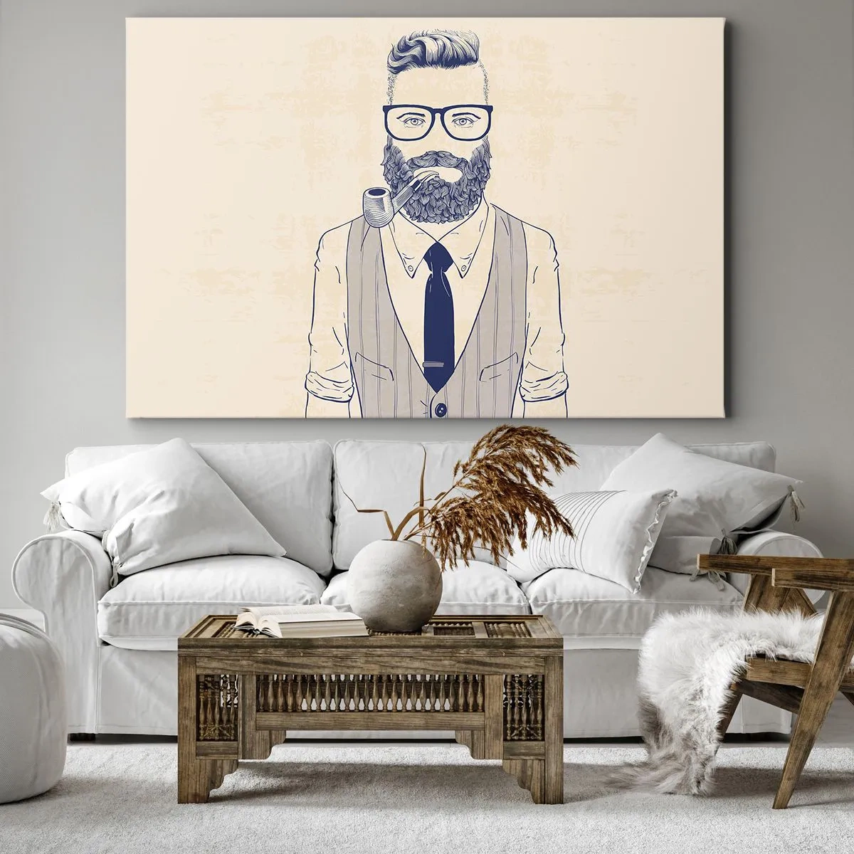 Lærredstryk - Billede på lærred - Stiliseret mand med skæg, pibe og briller - 70x50cm - Munter, maskulin og moderigtig - Moderne vægdekoration til stue og soveværelse ARTTOR