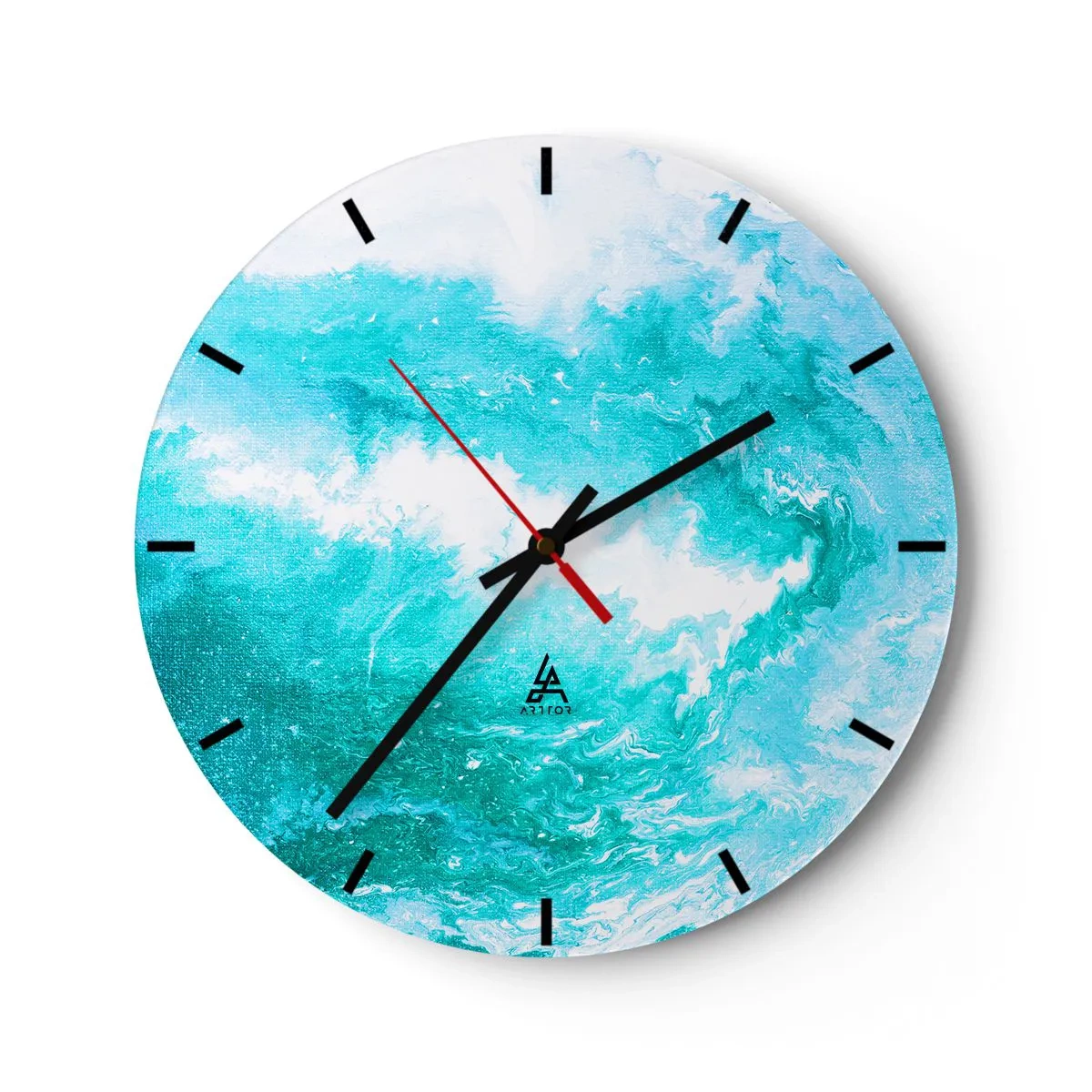 Vægur, Uret - Abstrakt bølge i nuancer af blå og turkis - 30x30cm - I kernen af elementet - Moderne vægdekoration til stue, køkken og soveværelse ARTTOR