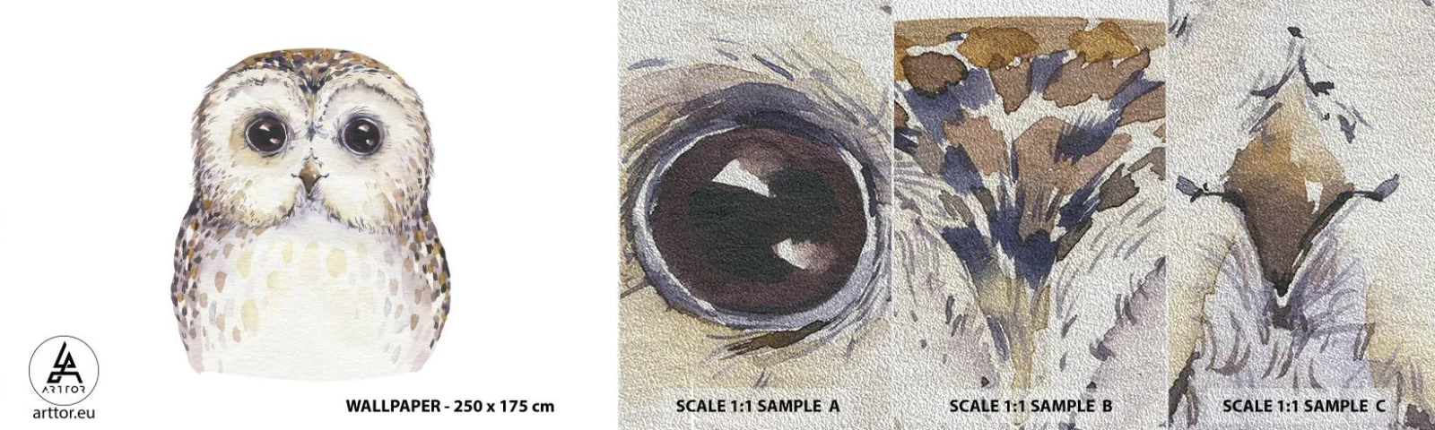 Prøve Fototapet Premium Sand - Se mig i øjnene - Ugle, Fugl, Grafik - 100x30 cm