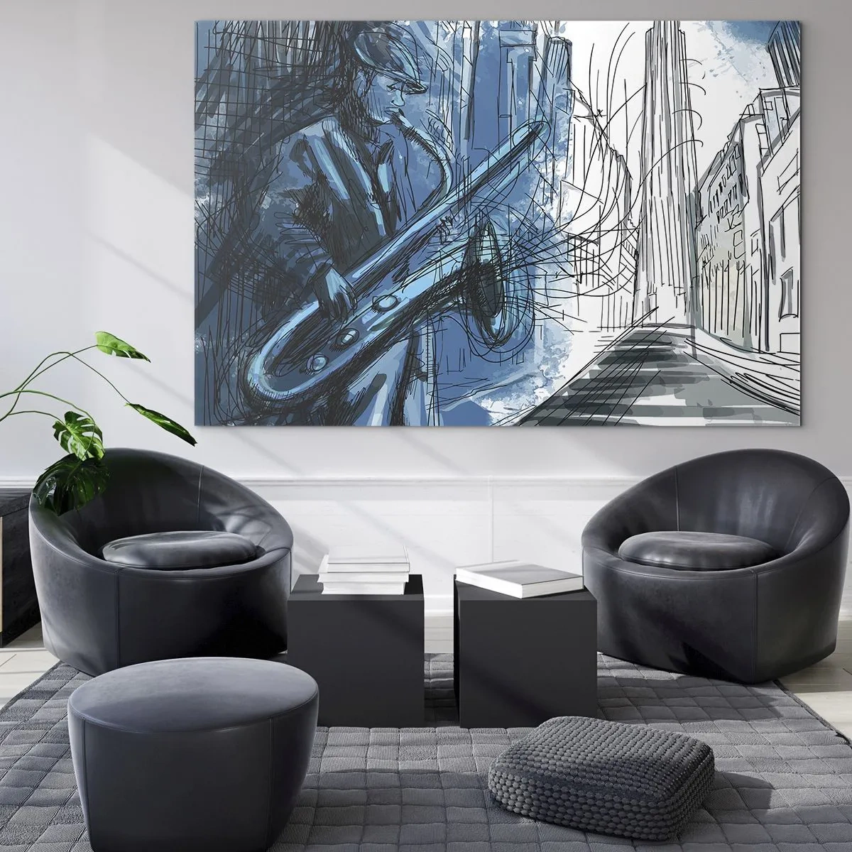 Billede på glas - Jazzsaxofonist i et blåt bymiljø - 70x50cm - Byens rapsodi - Moderne vægdekoration til stue og soveværelse ARTTOR