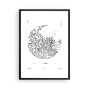 Plakat i sort ramme - Et minimalistisk sort-hvidt kort over Doha - 50x70cm - Dohas anatomi - Moderne vægdekoration til stue og soveværelse ARTTOR